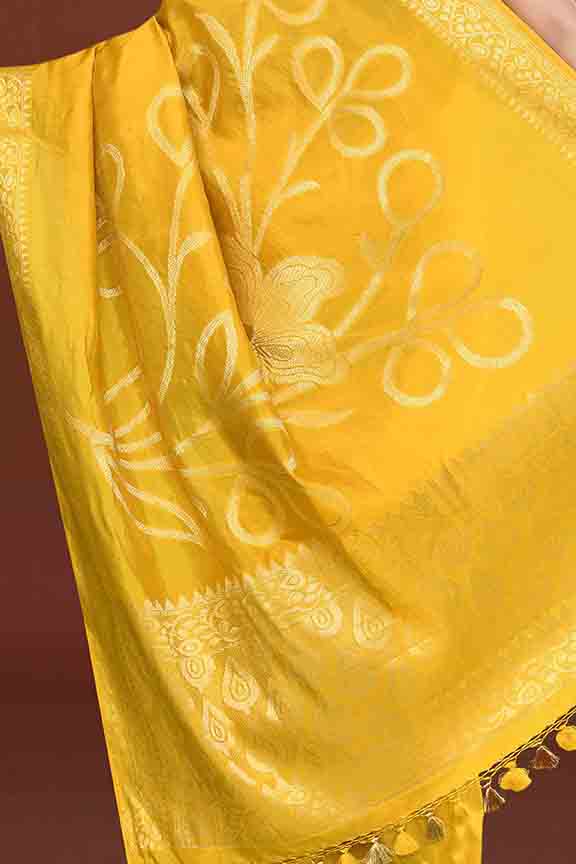 Banarasi soft silk saree with floral golden motifs weaving- Mango yellow