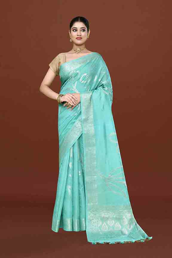 Banarasi soft silk saree with floral golden motifs weaving- Turquoise Blue