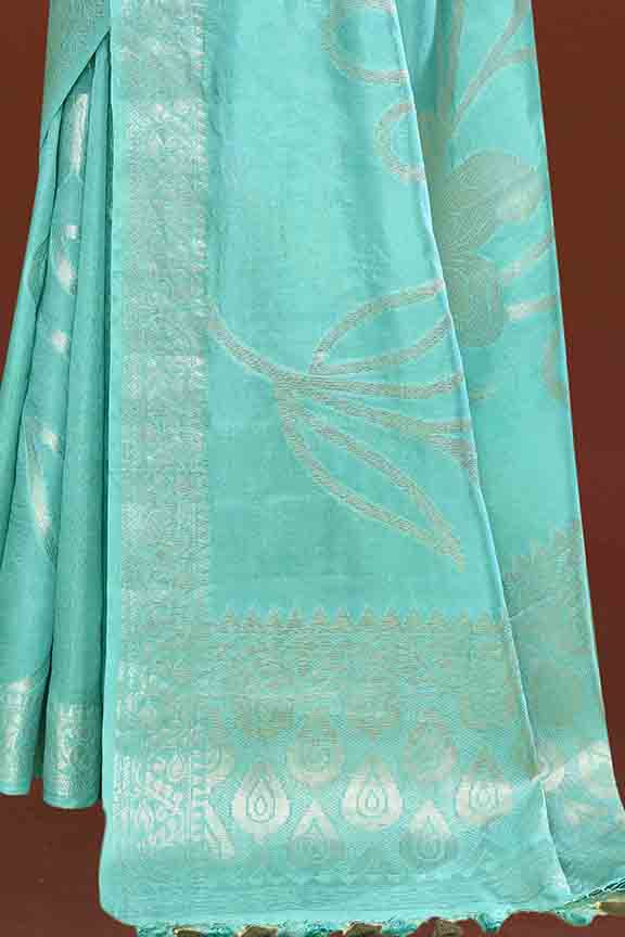 Banarasi soft silk saree with floral golden motifs weaving- Turquoise Blue