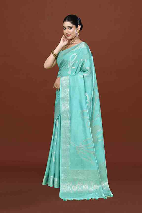 Banarasi soft silk saree with floral golden motifs weaving- Turquoise Blue