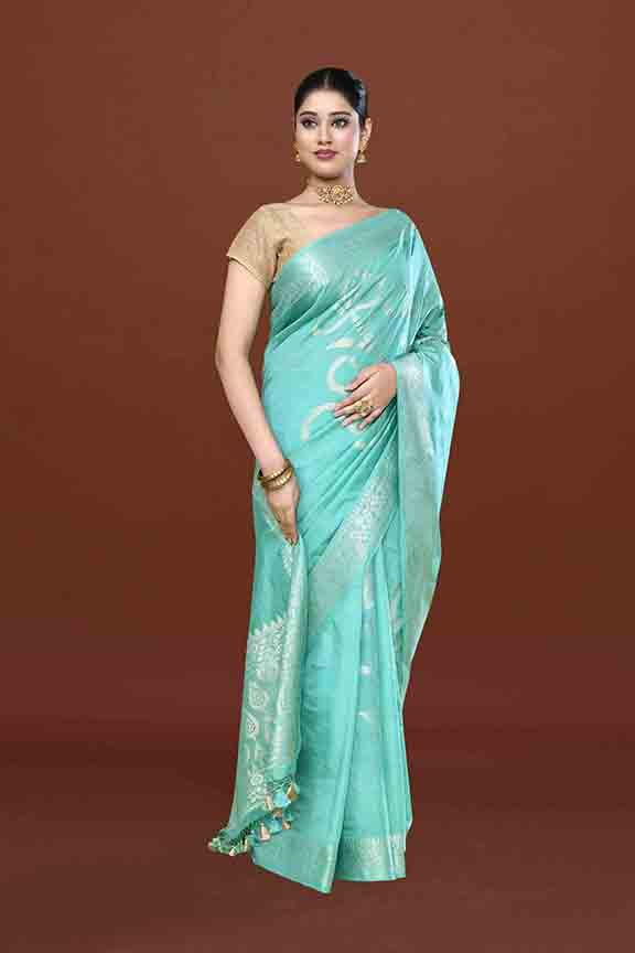 Banarasi soft silk saree with floral golden motifs weaving- Turquoise Blue