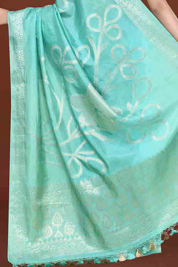 Banarasi soft silk saree with floral golden motifs weaving- Turquoise Blue