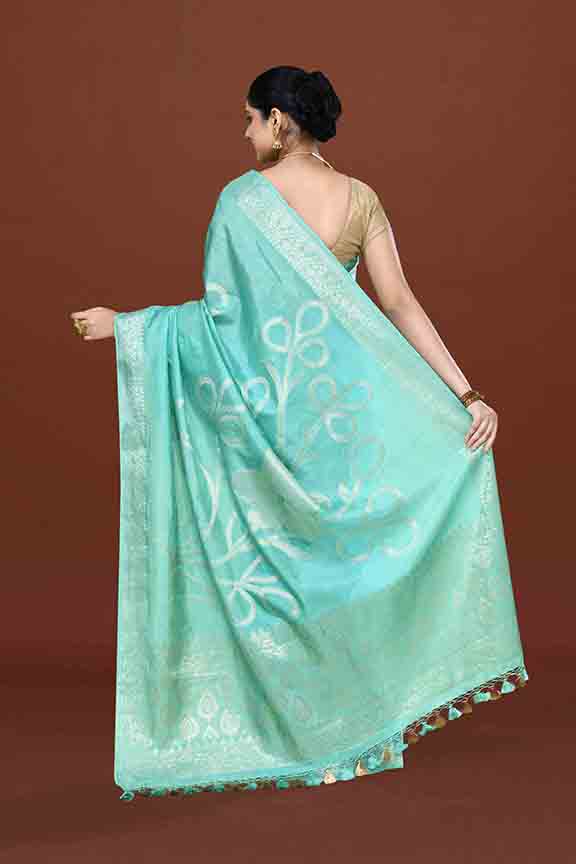 Banarasi soft silk saree with floral golden motifs weaving- Turquoise Blue