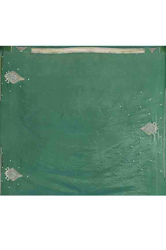 Banarasi soft silk saree with gold and silver zari weaving and cutdana embroidery in border- Dark Green