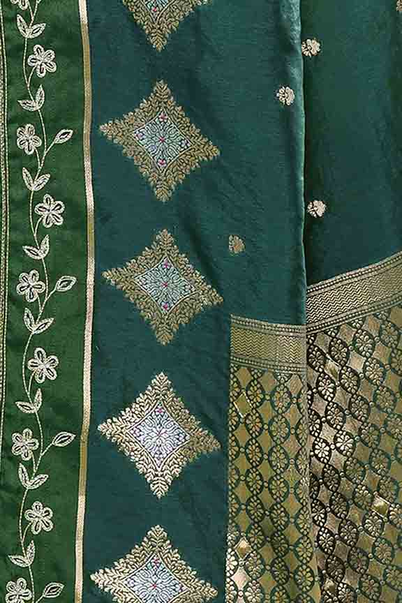 Banarasi soft silk saree with gold and silver zari weaving and cutdana embroidery in border- Dark Green