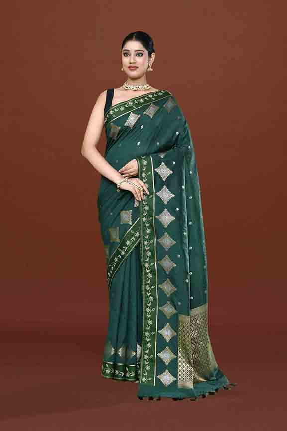 Banarasi soft silk saree with gold and silver zari weaving and cutdana embroidery in border- Dark Green