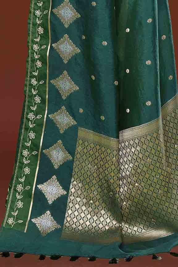 Banarasi soft silk saree with gold and silver zari weaving and cutdana embroidery in border- Dark Green