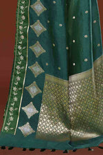 Banarasi soft silk saree with gold and silver zari weaving and cutdana embroidery in border- Dark Green
