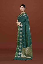 Banarasi soft silk saree with gold and silver zari weaving and cutdana embroidery in border- Dark Green