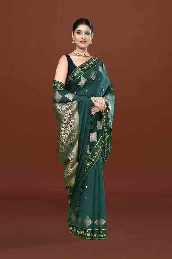 Banarasi soft silk saree with gold and silver zari weaving and cutdana embroidery in border- Dark Green