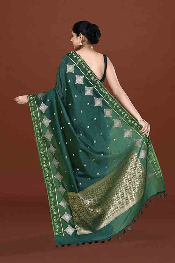 Banarasi soft silk saree with gold and silver zari weaving and cutdana embroidery in border- Dark Green
