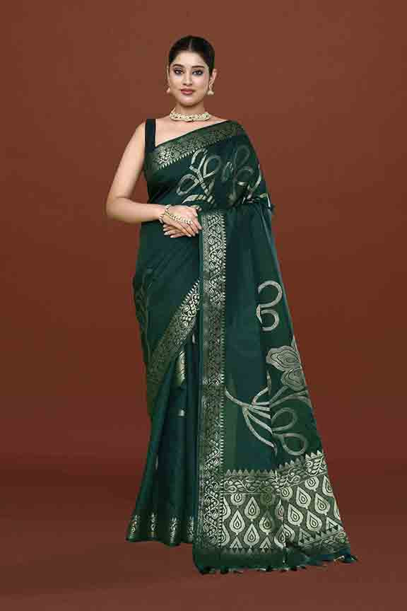 Banarasi woven soft silk saree with floral pattern motifs in gold zari - Bottle green