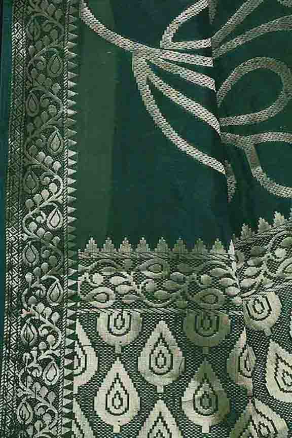 Banarasi woven soft silk saree with floral pattern motifs in gold zari - Bottle green