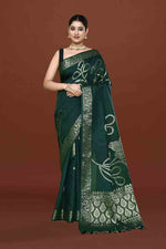 Banarasi woven soft silk saree with floral pattern motifs in gold zari - Bottle green
