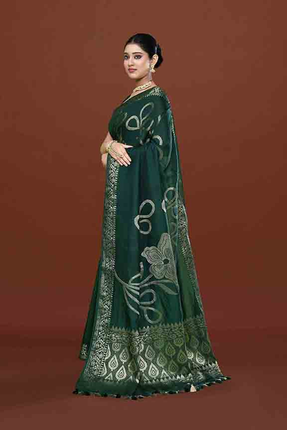 Banarasi woven soft silk saree with floral pattern motifs in gold zari - Bottle green