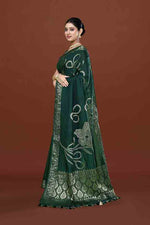 Banarasi woven soft silk saree with floral pattern motifs in gold zari - Bottle green