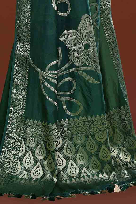 Banarasi woven soft silk saree with floral pattern motifs in gold zari - Bottle green