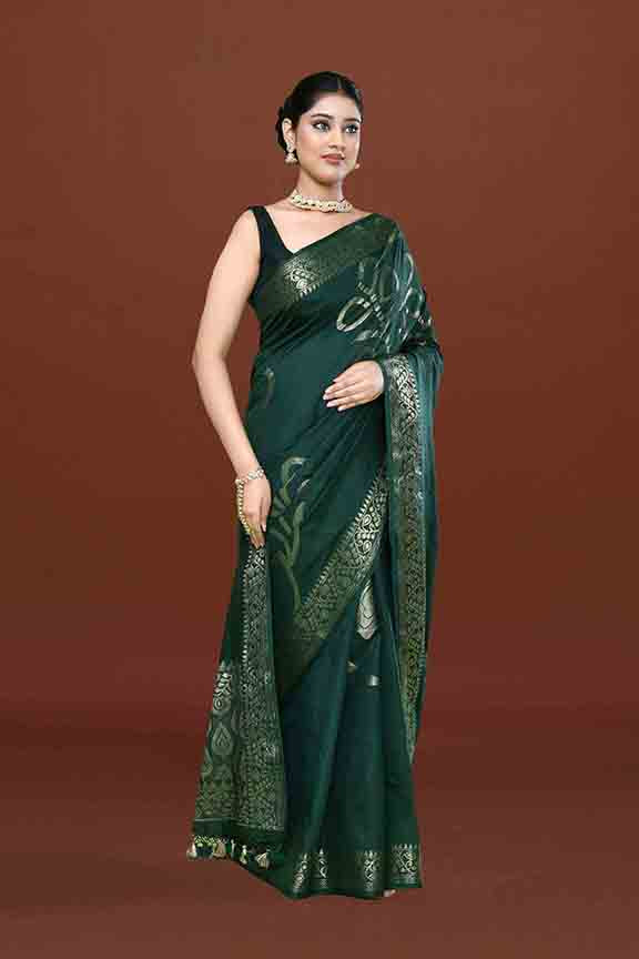 Banarasi woven soft silk saree with floral pattern motifs in gold zari - Bottle green