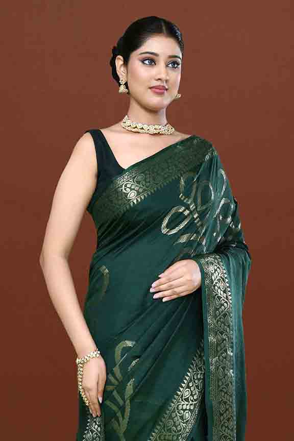 Banarasi woven soft silk saree with floral pattern motifs in gold zari - Bottle green