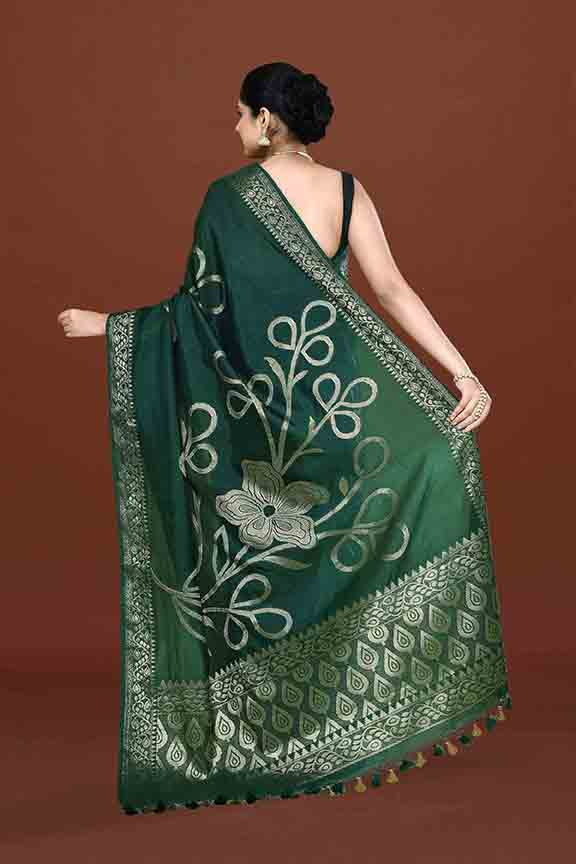 Banarasi woven soft silk saree with floral pattern motifs in gold zari - Bottle green