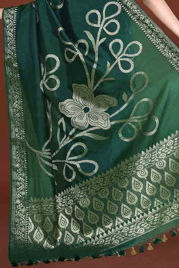 Banarasi woven soft silk saree with floral pattern motifs in gold zari - Bottle green