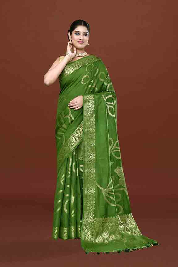 Banarasi soft silk saree with floral golden motifs weaving- olive green