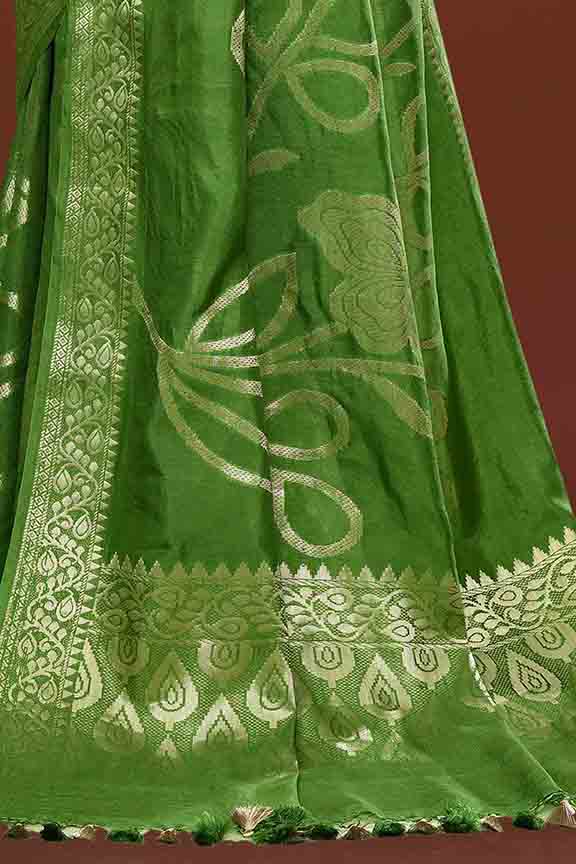 Banarasi soft silk saree with floral golden motifs weaving- olive green