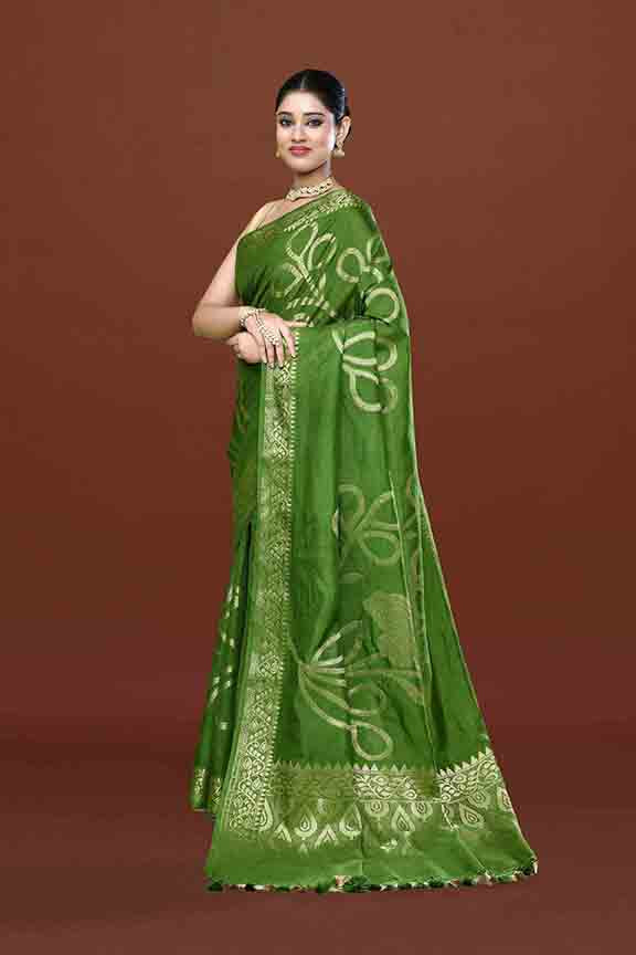 Banarasi soft silk saree with floral golden motifs weaving- olive green
