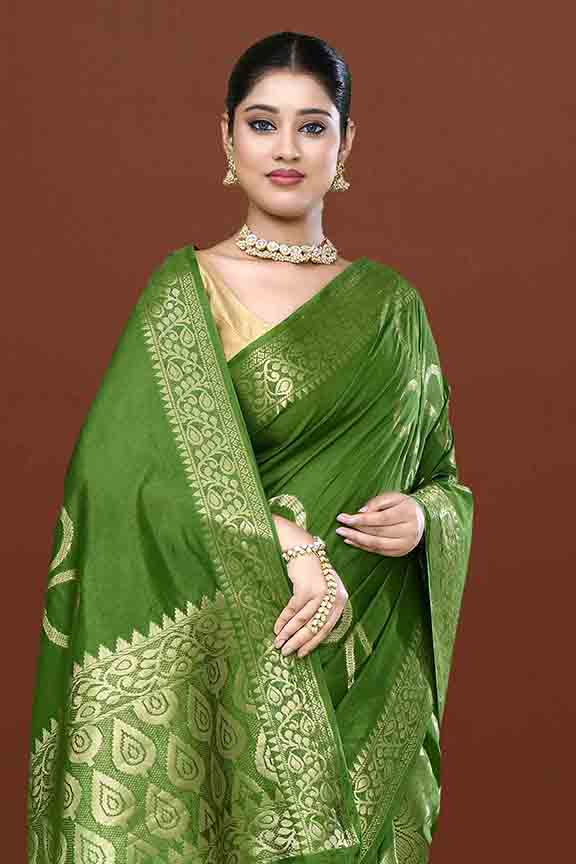 Banarasi soft silk saree with floral golden motifs weaving- olive green