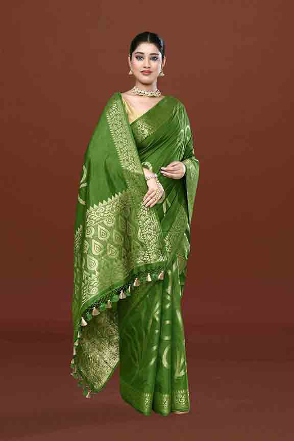 Banarasi soft silk saree with floral golden motifs weaving- olive green