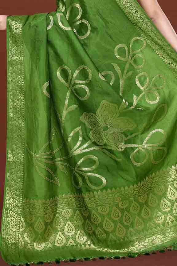 Banarasi soft silk saree with floral golden motifs weaving- olive green
