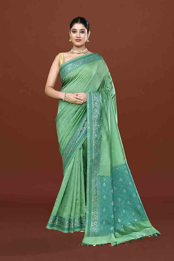 Banarasi woven soft silk saree with dark blue and golden thread weaving with mirror work-Sea green
