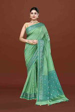 Banarasi woven soft silk saree with dark blue and golden thread weaving with mirror work-Sea green