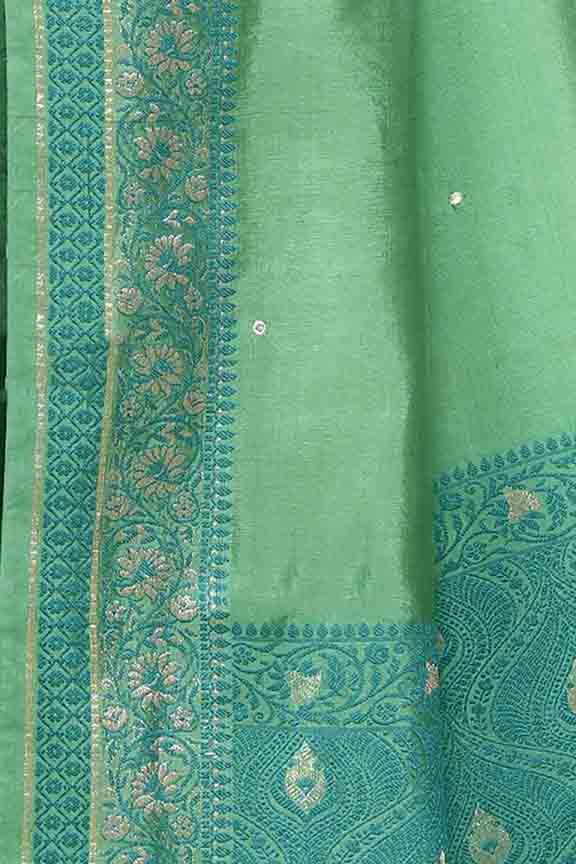 Banarasi woven soft silk saree with dark blue and golden thread weaving with mirror work-Sea green