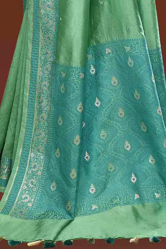 Banarasi woven soft silk saree with dark blue and golden thread weaving with mirror work-Sea green