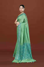Banarasi woven soft silk saree with dark blue and golden thread weaving with mirror work-Sea green