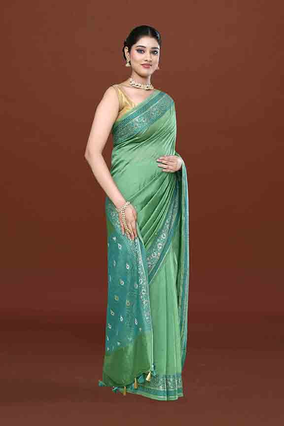 Banarasi woven soft silk saree with dark blue and golden thread weaving with mirror work-Sea green