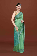 Banarasi woven soft silk saree with dark blue and golden thread weaving with mirror work-Sea green