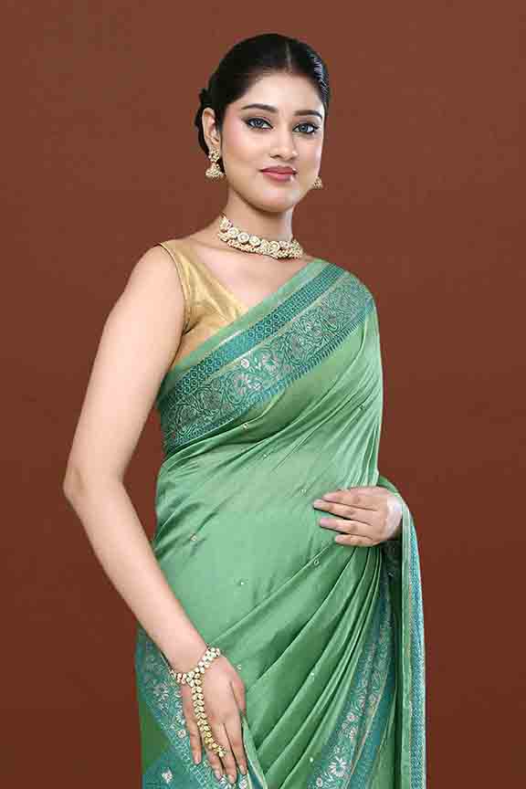 Banarasi woven soft silk saree with dark blue and golden thread weaving with mirror work-Sea green