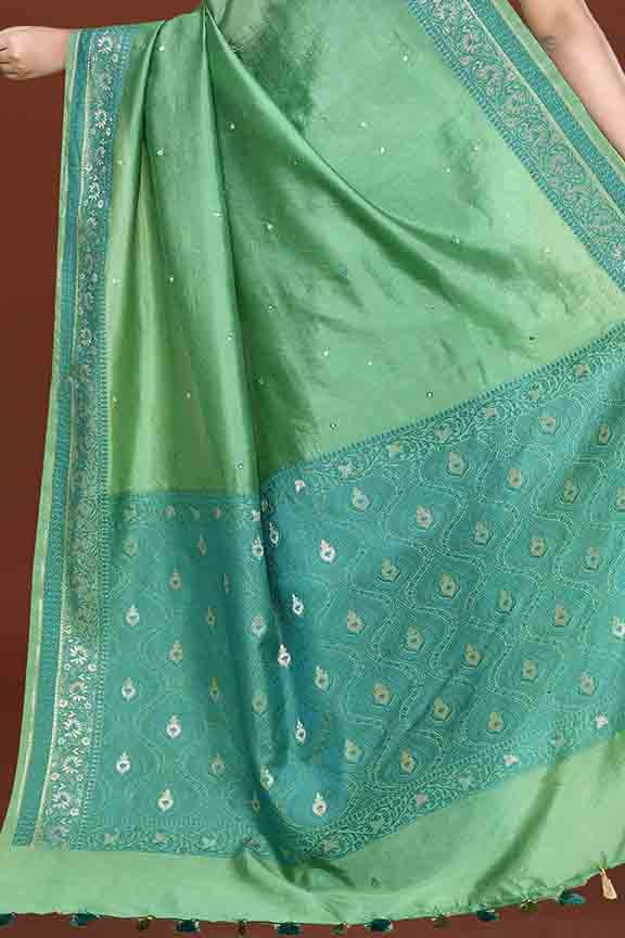 Banarasi woven soft silk saree with dark blue and golden thread weaving with mirror work-Sea green