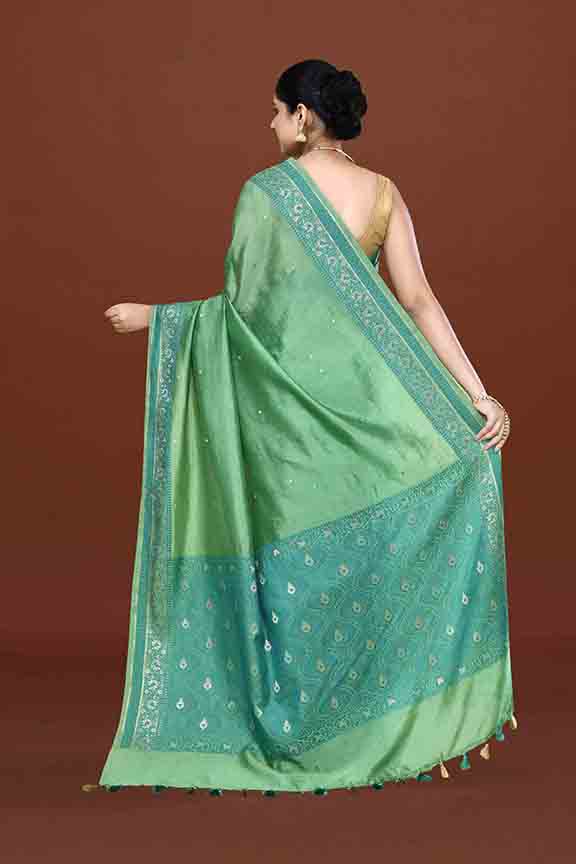 Banarasi woven soft silk saree with dark blue and golden thread weaving with mirror work-Sea green