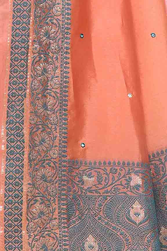 Banarasi woven soft silk saree with dark blue and golden thread weaving with mirror work-Light Peach