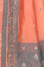 Banarasi woven soft silk saree with dark blue and golden thread weaving with mirror work-Light Peach