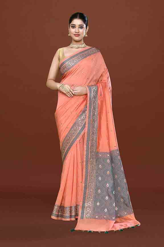 Banarasi woven soft silk saree with dark blue and golden thread weaving with mirror work-Light Peach