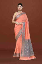 Banarasi woven soft silk saree with dark blue and golden thread weaving with mirror work-Light Peach