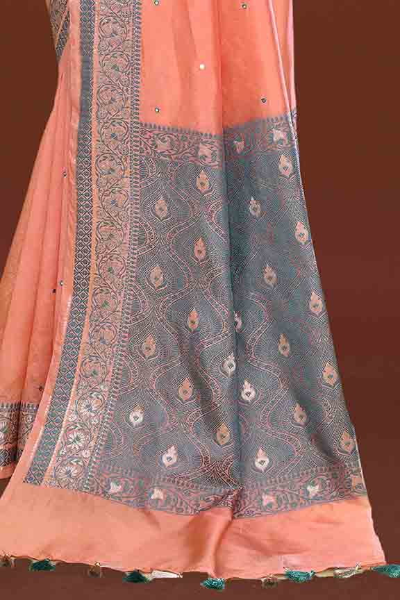 Banarasi woven soft silk saree with dark blue and golden thread weaving with mirror work-Light Peach