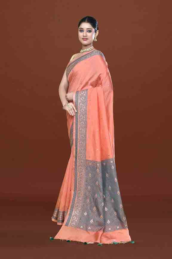 Banarasi woven soft silk saree with dark blue and golden thread weaving with mirror work-Light Peach