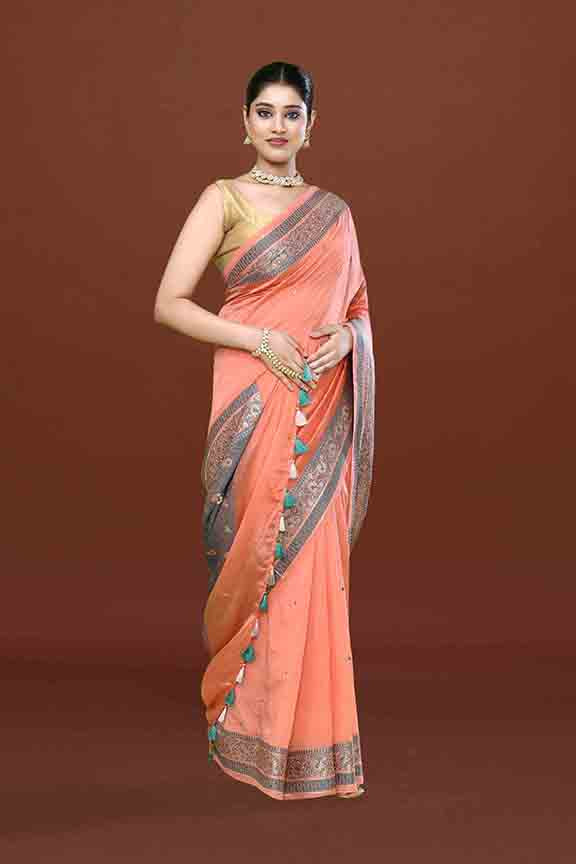 Banarasi woven soft silk saree with dark blue and golden thread weaving with mirror work-Light Peach