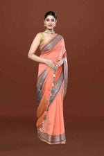 Banarasi woven soft silk saree with dark blue and golden thread weaving with mirror work-Light Peach
