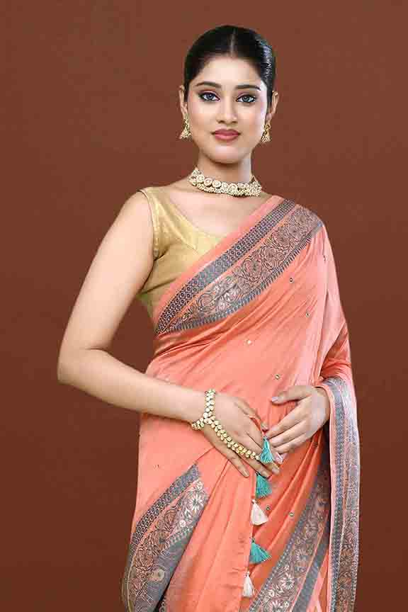 Banarasi woven soft silk saree with dark blue and golden thread weaving with mirror work-Light Peach